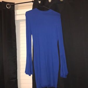 Blue high neck mini dress with bell sleeves